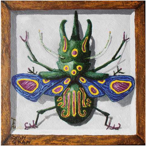 Muestra No.83. Escarabajo-Mariposa de Montaña (Escoleoptepapilio Cornusteria,) - IVAN GOAN. Acrilico/MDF. 10X10 CM.